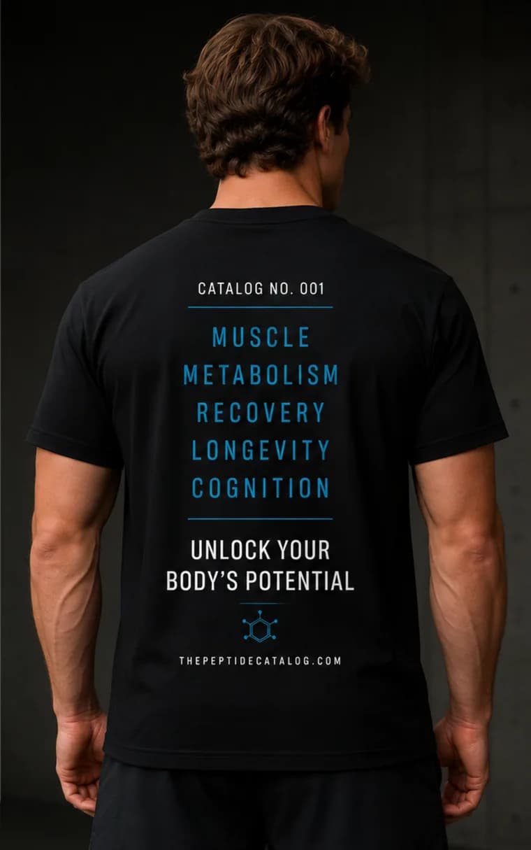The Peptide Catalog tee, back — muscle, metabolism, recovery, longevity, cognition