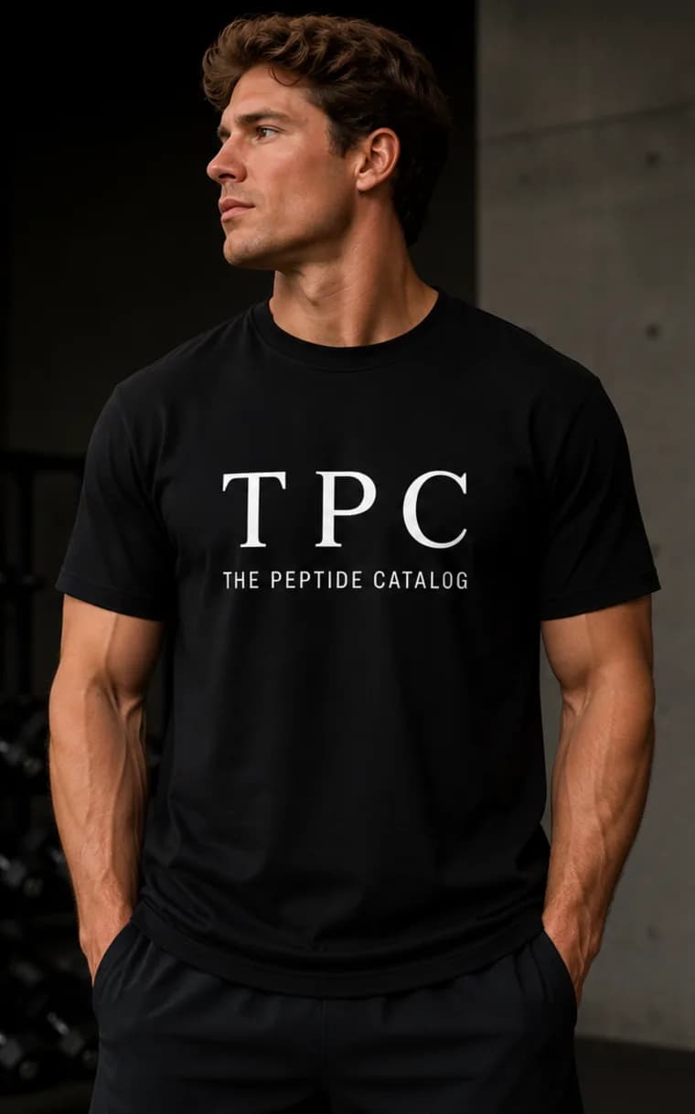 The Peptide Catalog tee, front — TPC wordmark