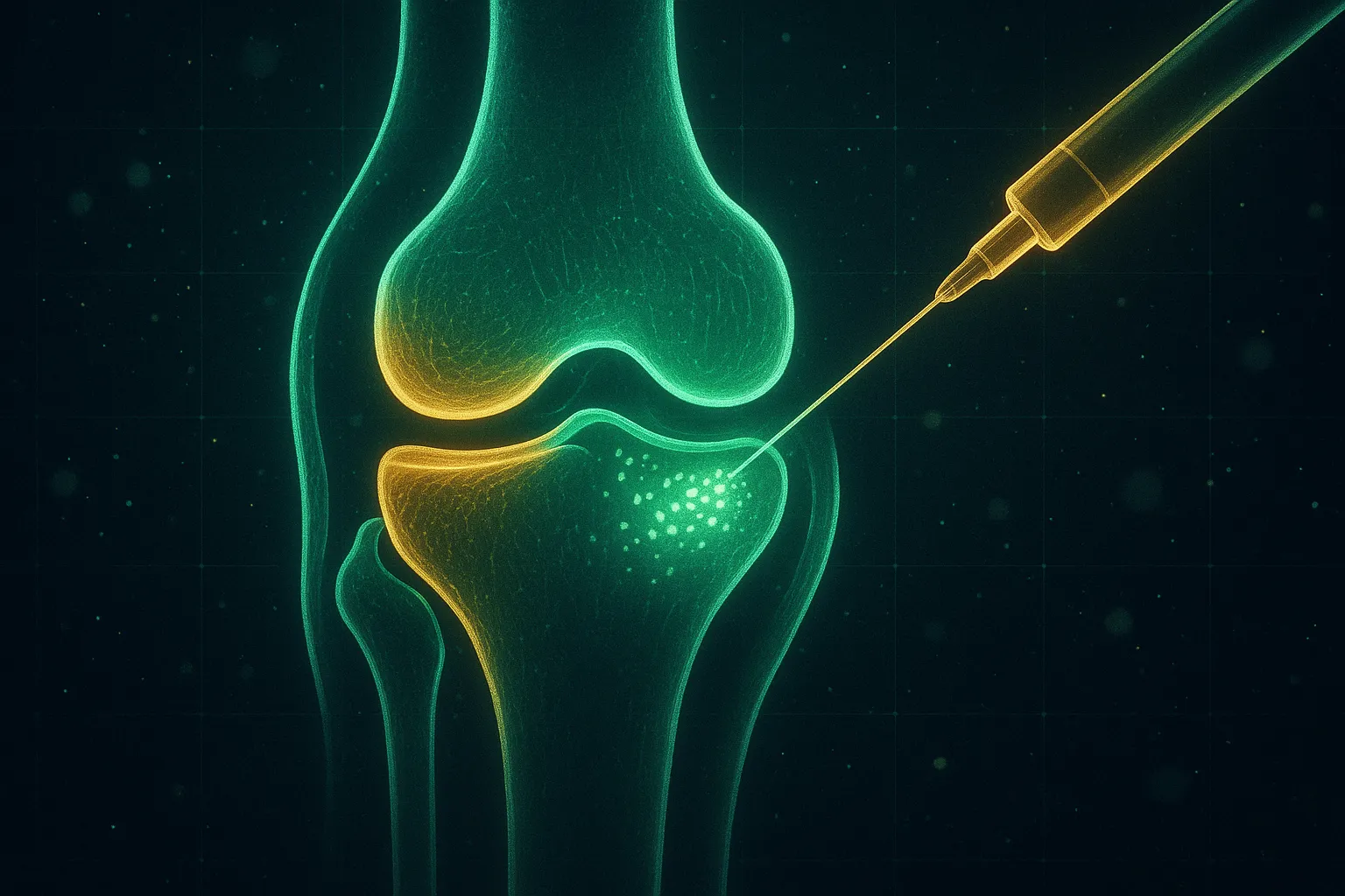 Dark navy scientific cross-section of a knee joint showing intra-articular injection site with chondrocyte signaling in glowing emerald and gold