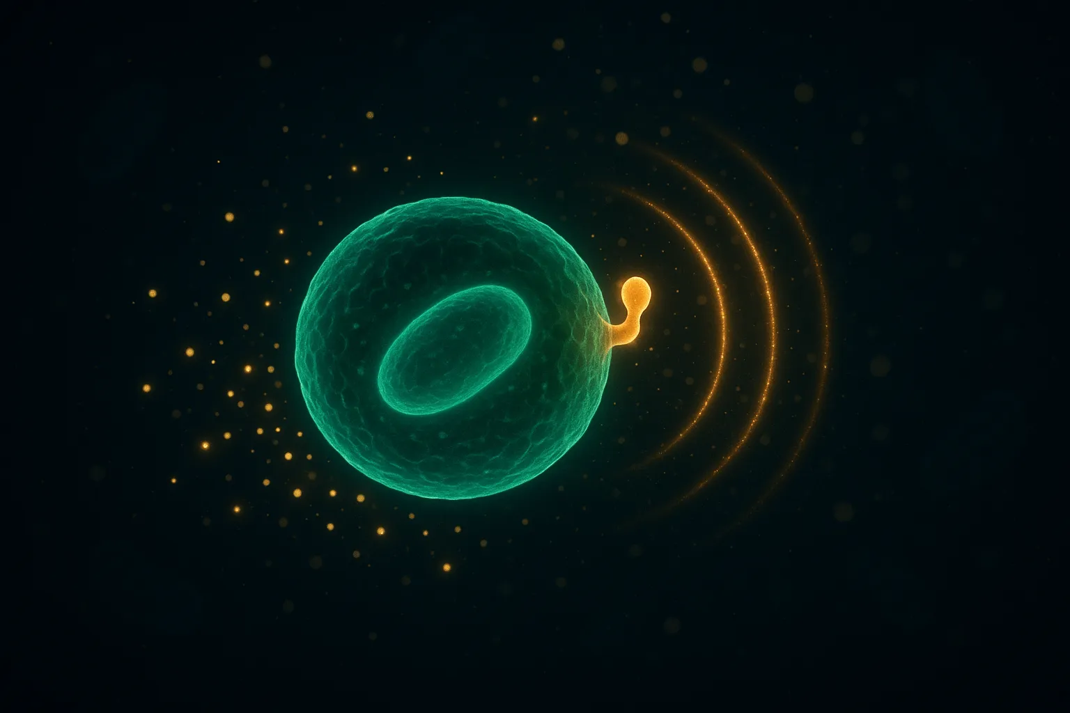 Cellular biology composition showing chondrocyte with GLP-1 receptor activation and ATP energy signaling in emerald green and gold