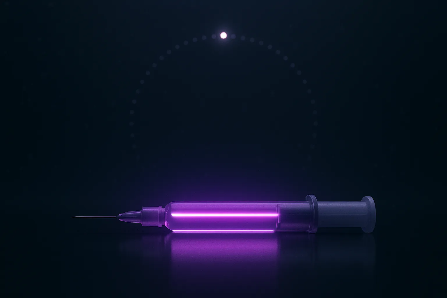 A violet-glowing syringe on a dark surface in front of a faint circular arc of thirty light points