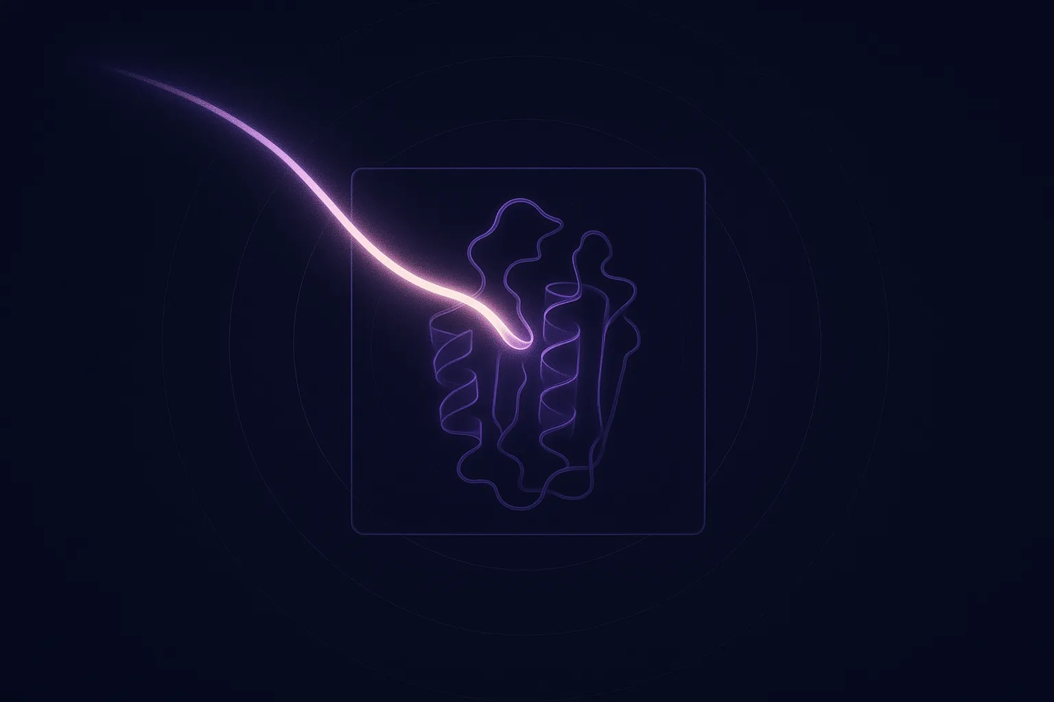 An abstract amylin receptor glowing violet with a long luminous peptide strand docking into it