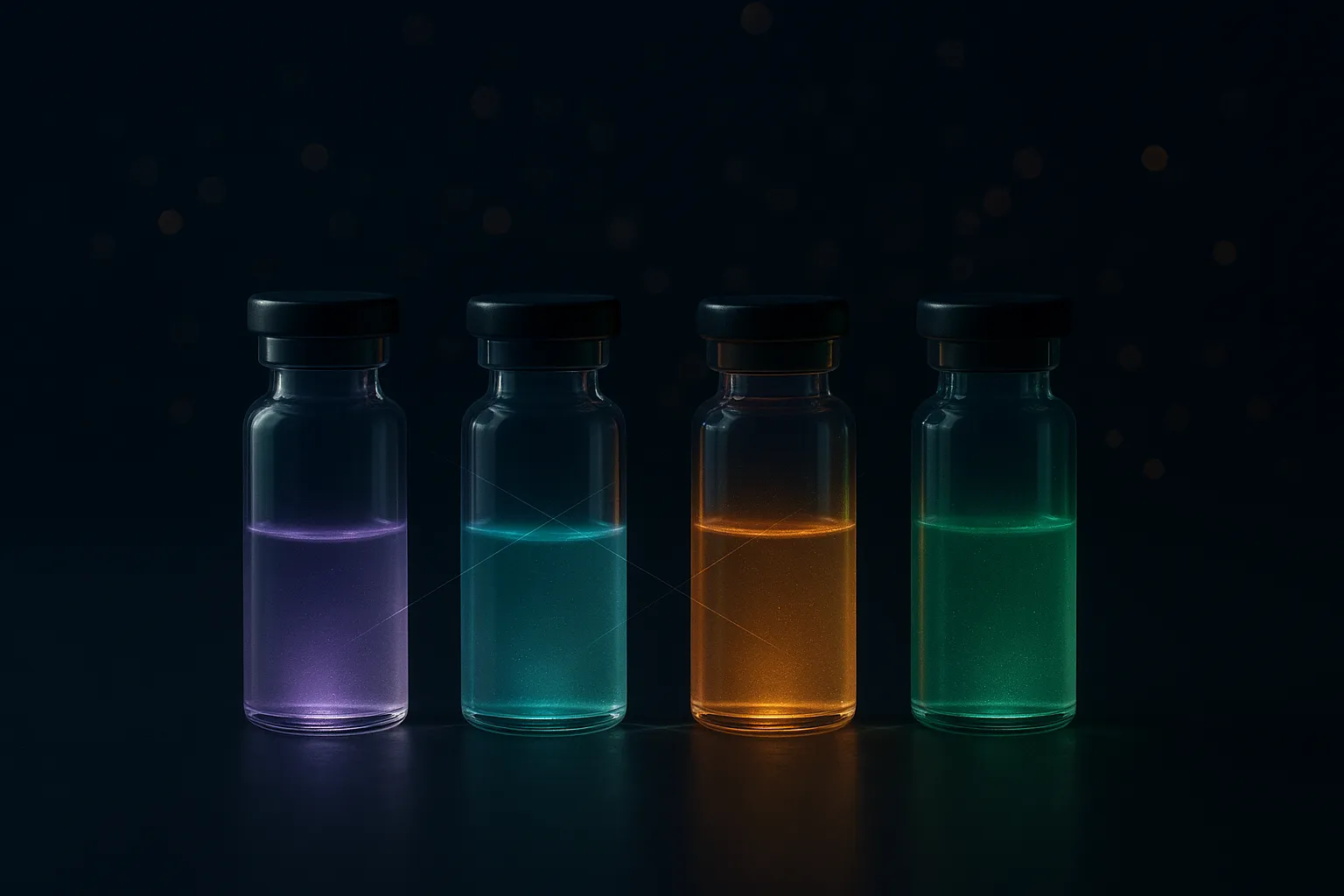 Four glowing glass vials in a row, each a different hue, suggesting competing amylin drug candidates