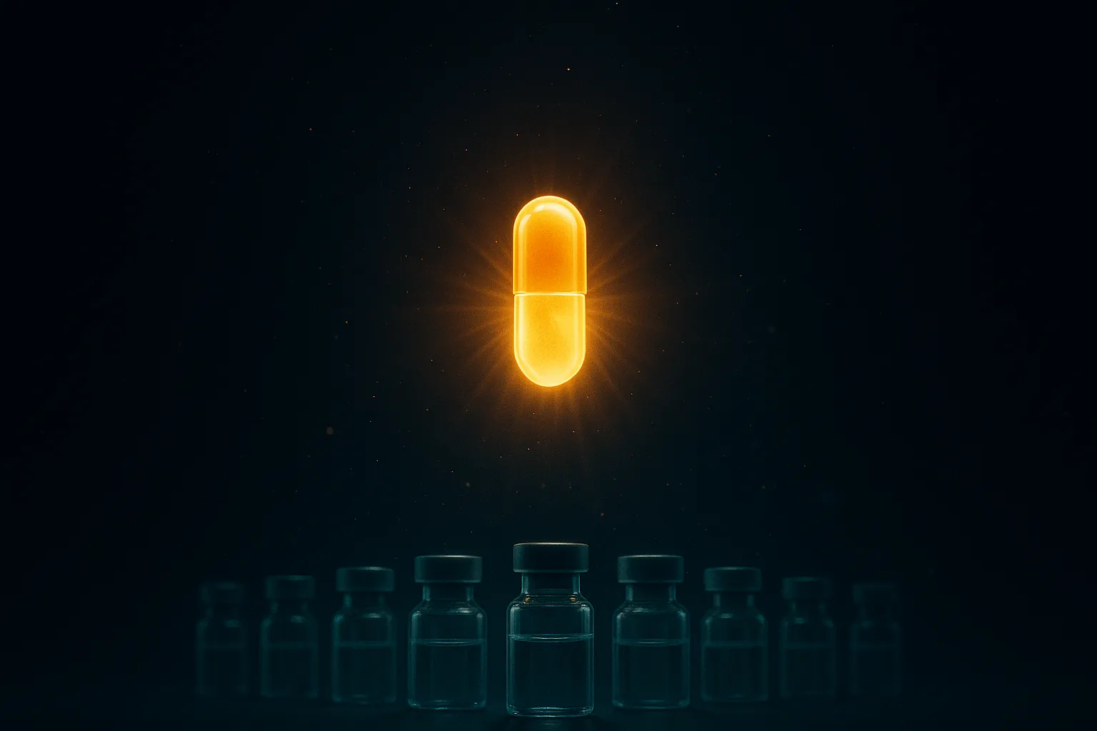 Glowing oral GLP-1 capsule rising over a field of injection vials on dark navy background