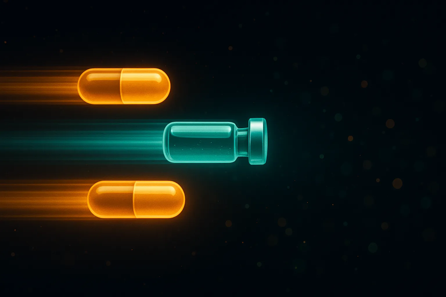 Three-lane race of oral and injectable GLP-1 options on dark navy background