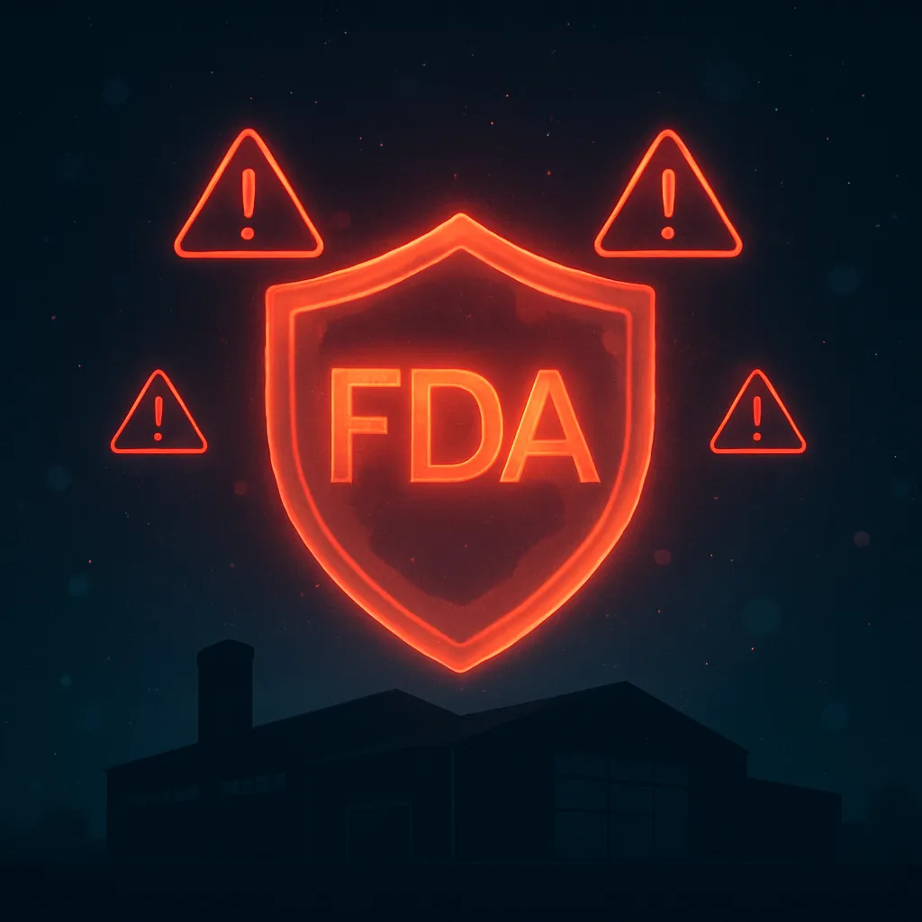 FDA enforcement shield overlaid on warehouse silhouette