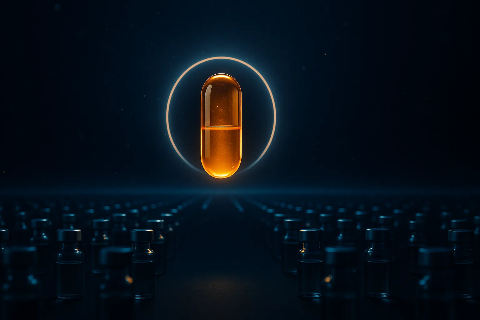 Glowing amber oral capsule floating above a dark horizon of receding cyan injection vials