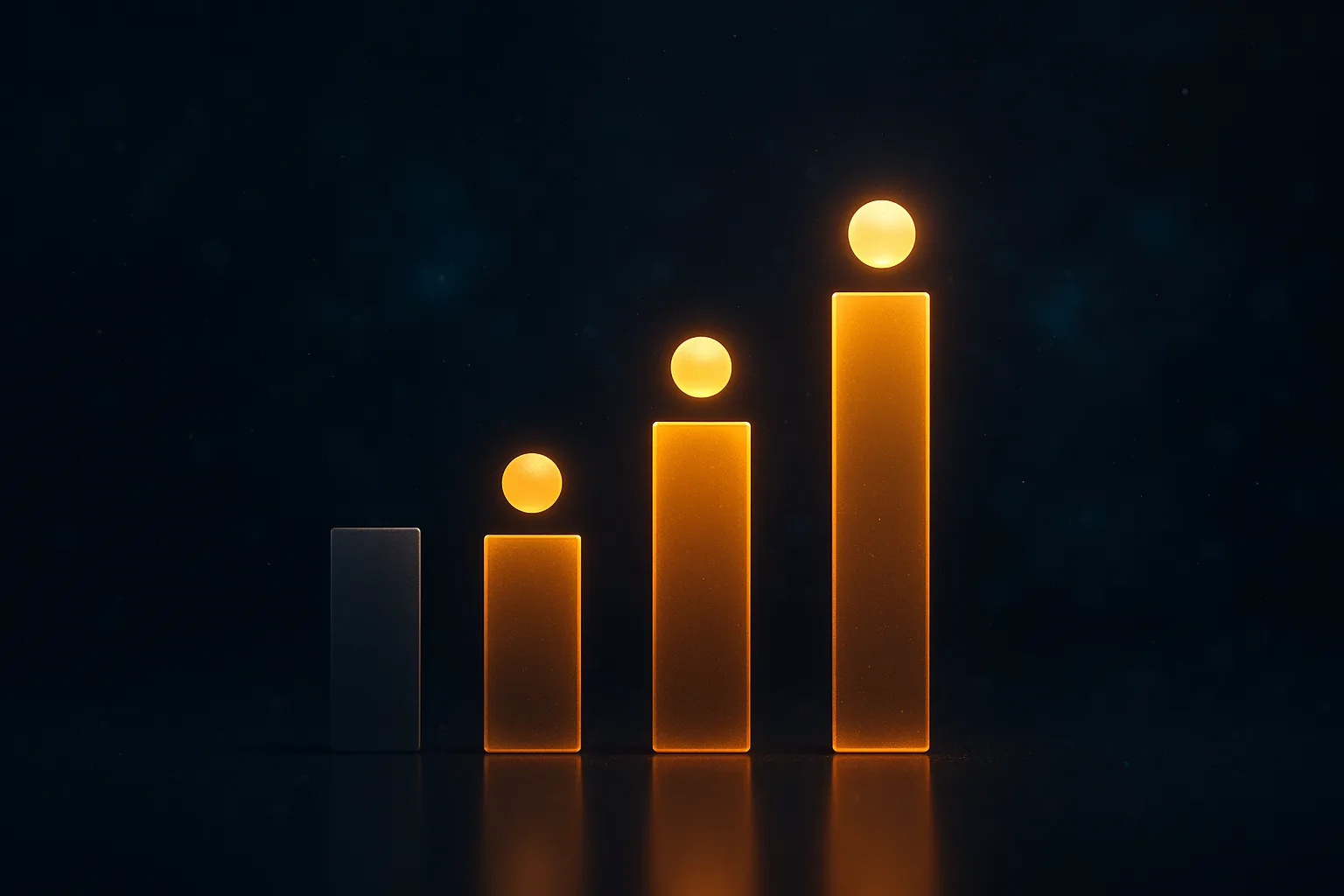 Three ascending luminous amber bars of increasing height beside a flat dim reference bar