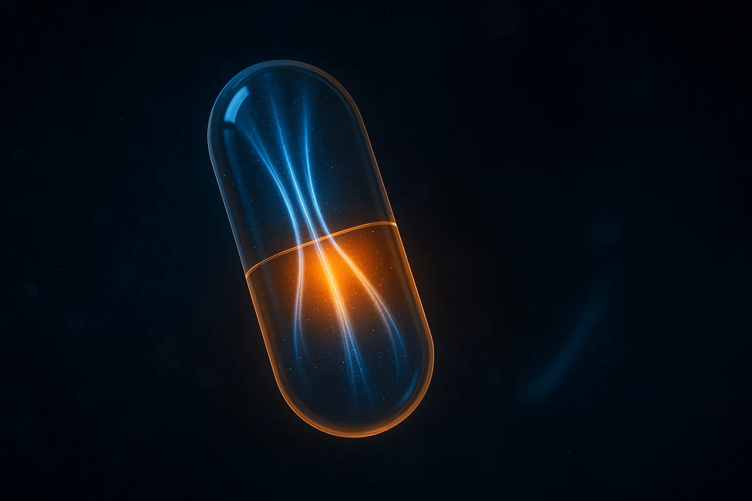 Three luminous streams converging into one amber core inside a translucent capsule shell