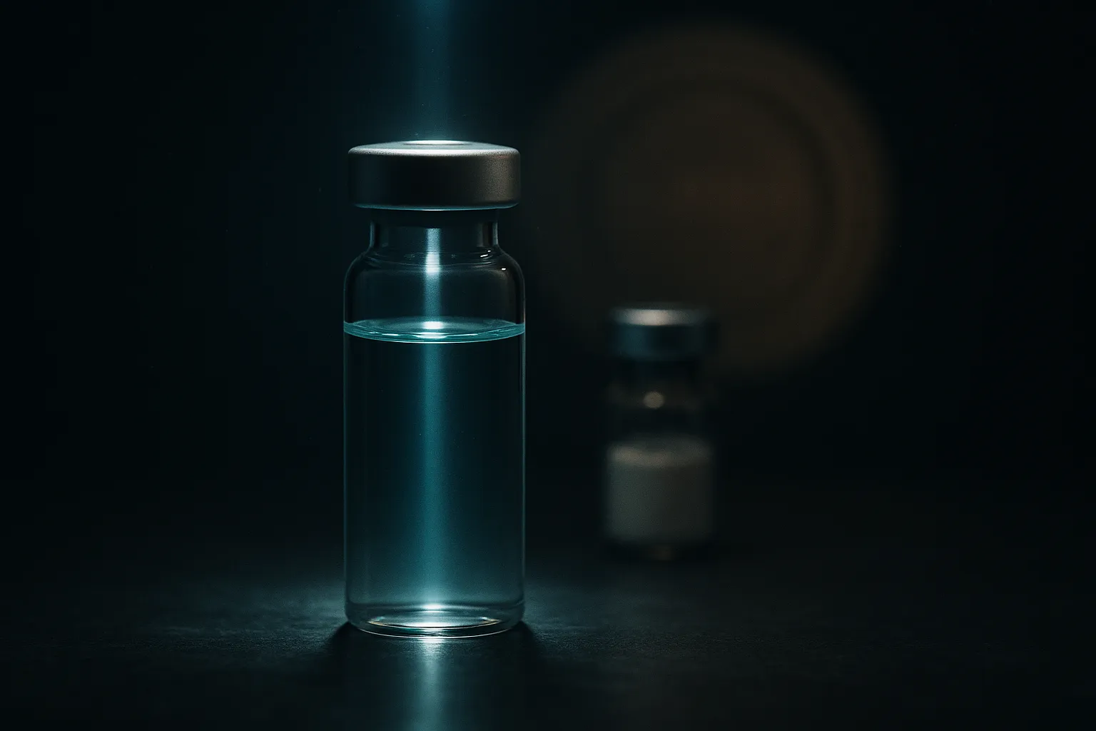 A tall clear glass multi-dose vial of clear liquid with a silver crimp seal standing on dark slate under a narrow column of pale cyan light, a smaller powder vial in shadow behind it, and a large dim gold disc glowing in the hazy background