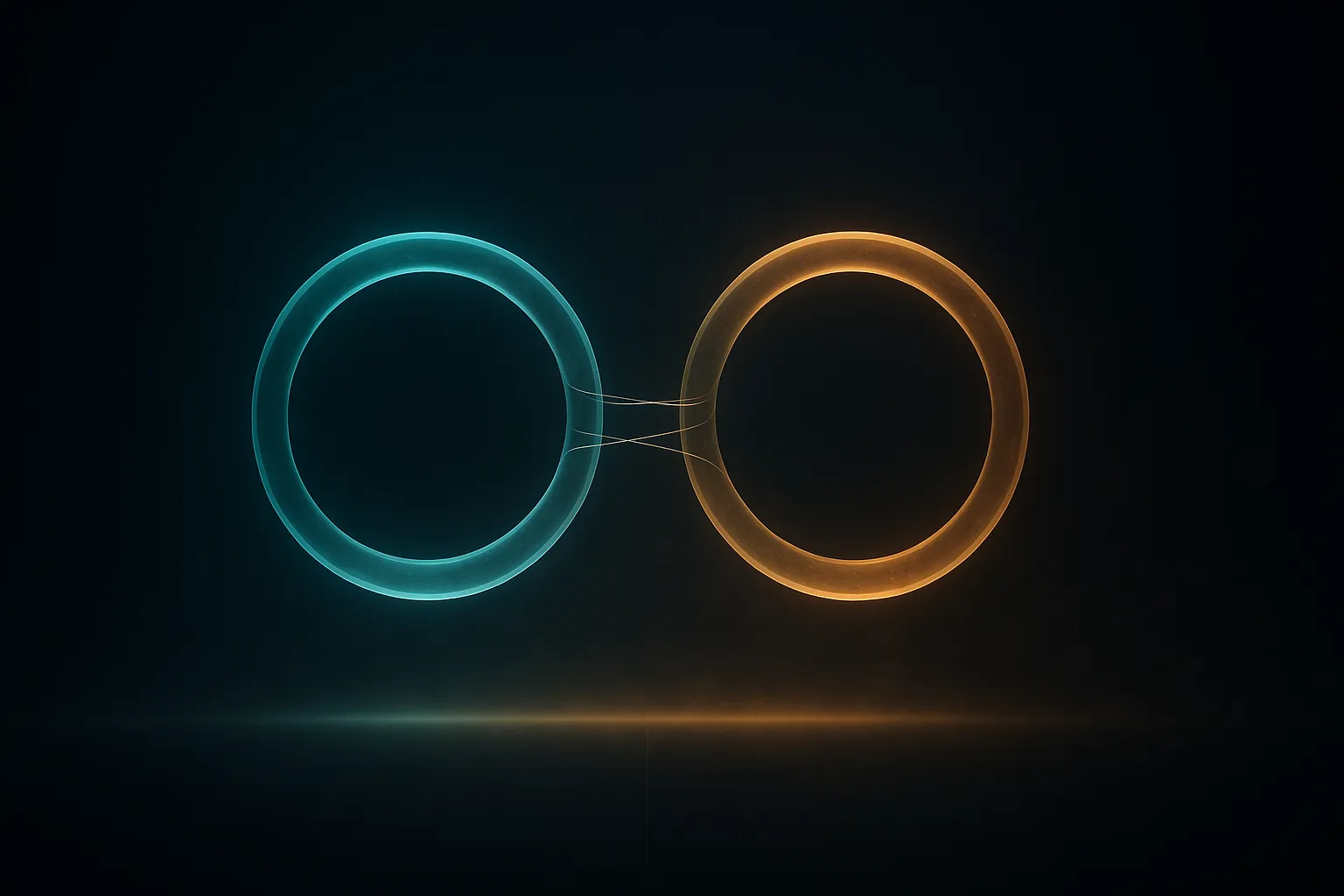 Two glowing translucent rings suspended side by side in a dark field, one cool cyan and one muted gold, pulled together by three taut threads of pale light, with a broad dim gold band running beneath them