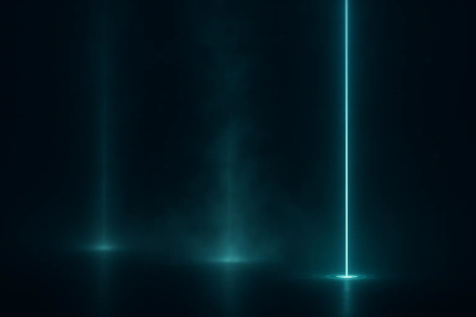 Three narrow vertical columns of pale cyan light descending onto a dark reflective plane, the leftmost dissolving into haze, the middle steady, the rightmost brightest and sharpest, with soft fog between them