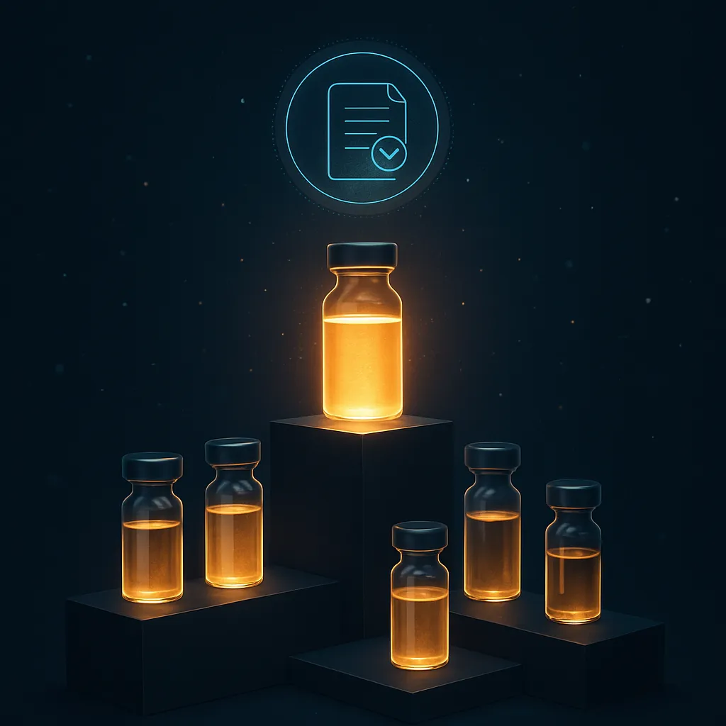 Ranked peptide vendor vials on a podium with verification hologram