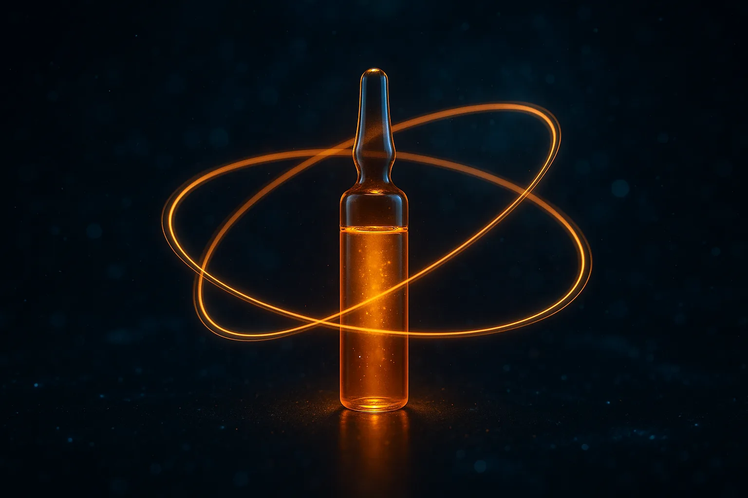 Single glowing amber peptide vial centered on a dark navy field, encircled by three faint orbiting rings representing GLP-1, GIP, and NPY2 receptor pathways converging on one molecule