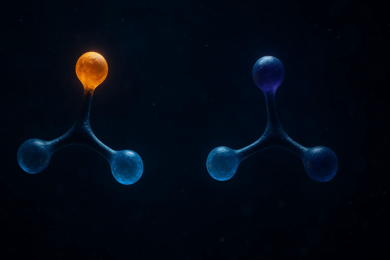 Split diagram on dark navy showing two triple-agonist molecules — one labeled with glucagon as its third arm, the other with an NPY2 hunger-signal arm — both sharing GLP-1 and GIP branches