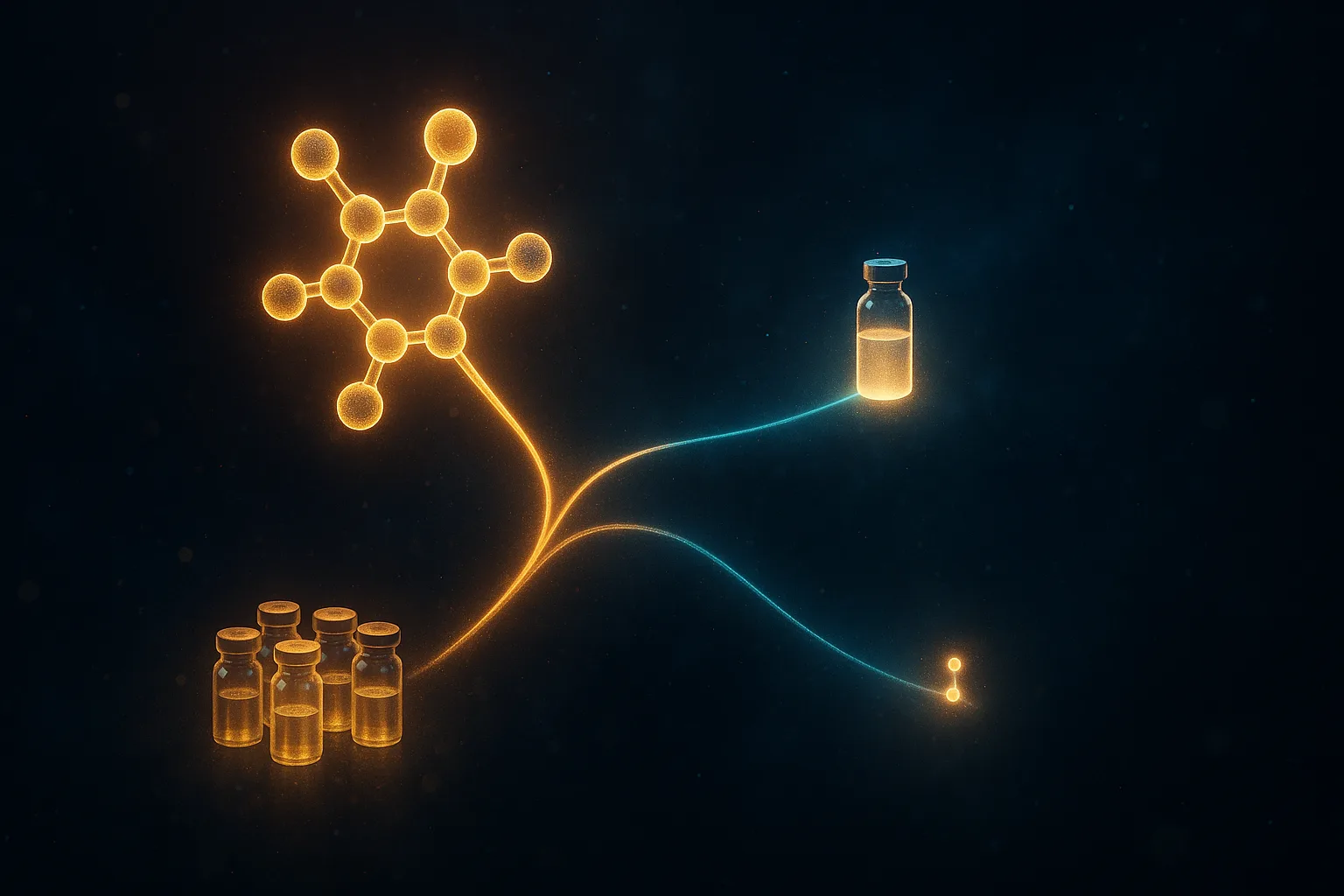 Branching pathway diagram on dark navy showing one central peptide molecule splitting into three glowing routes — a weekly-vial cluster, a single research vial, and a distant faded "Phase 2" node — representing available now versus years away