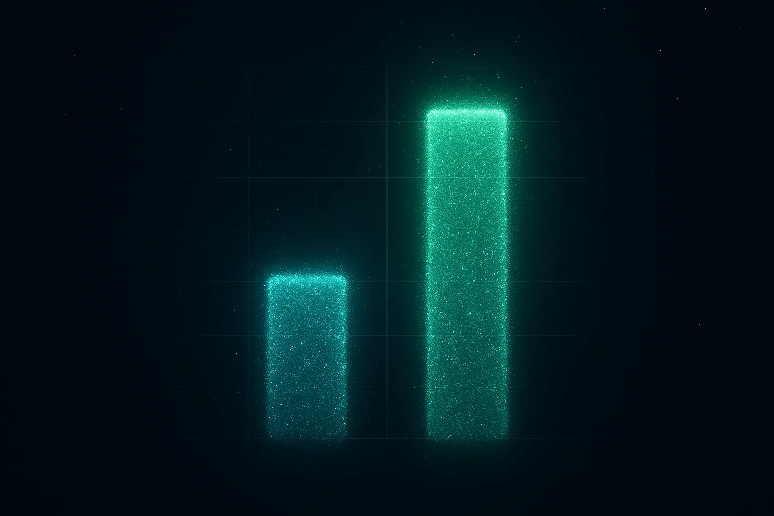 Two glowing vertical bars of particle light on a dark navy background, one emerald bar slightly taller than a teal bar, suggesting a marginal efficacy advantage on an abstract chart backdrop