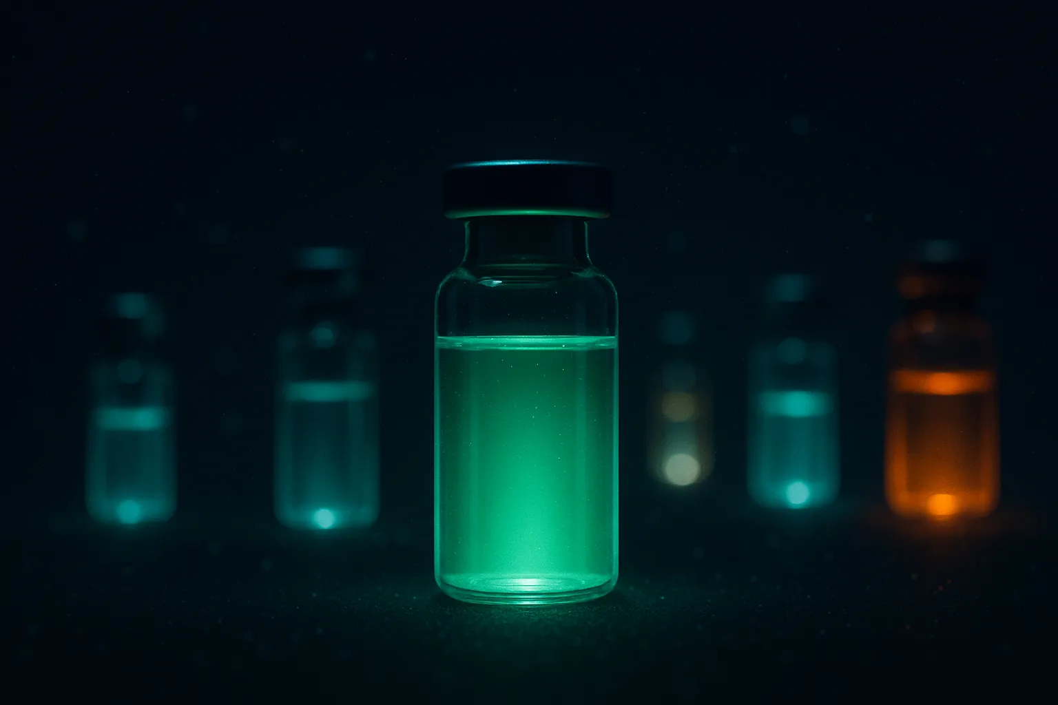 A prominent emerald injection vial in front of several teal and amber vials receding into soft bokeh depth on a dark navy background, representing a crowded field of competing GLP-1 molecules
