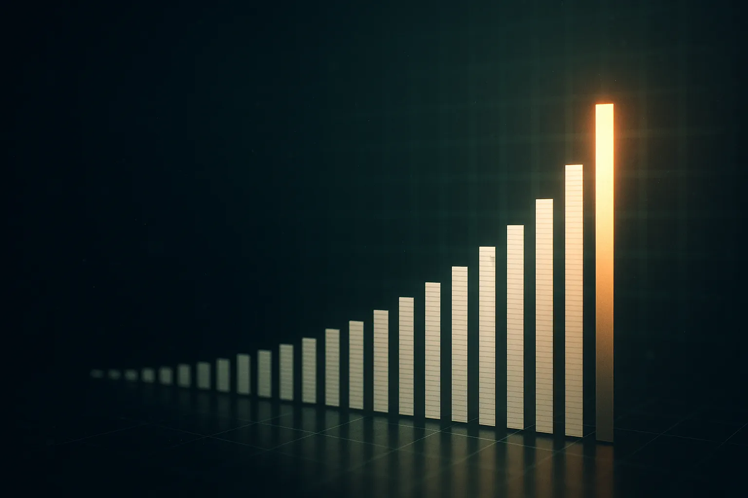 A steep ascending stack of thin pale bars rising from lower left to upper right across a dark reflective plane, the tallest glowing warm amber, with a faint emerald grid receding into haze behind them