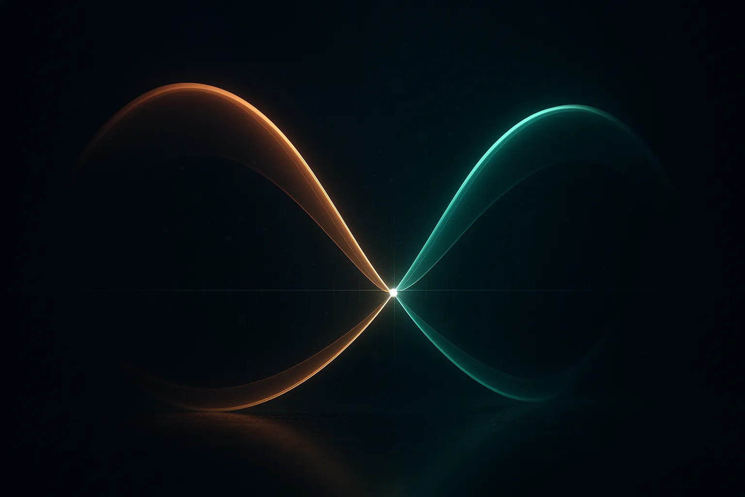 Two overlapping translucent curves of light, one warm amber and one emerald, crossing near a small bright pale node at the centre, with faint measurement lines running to tick marks at the frame edges