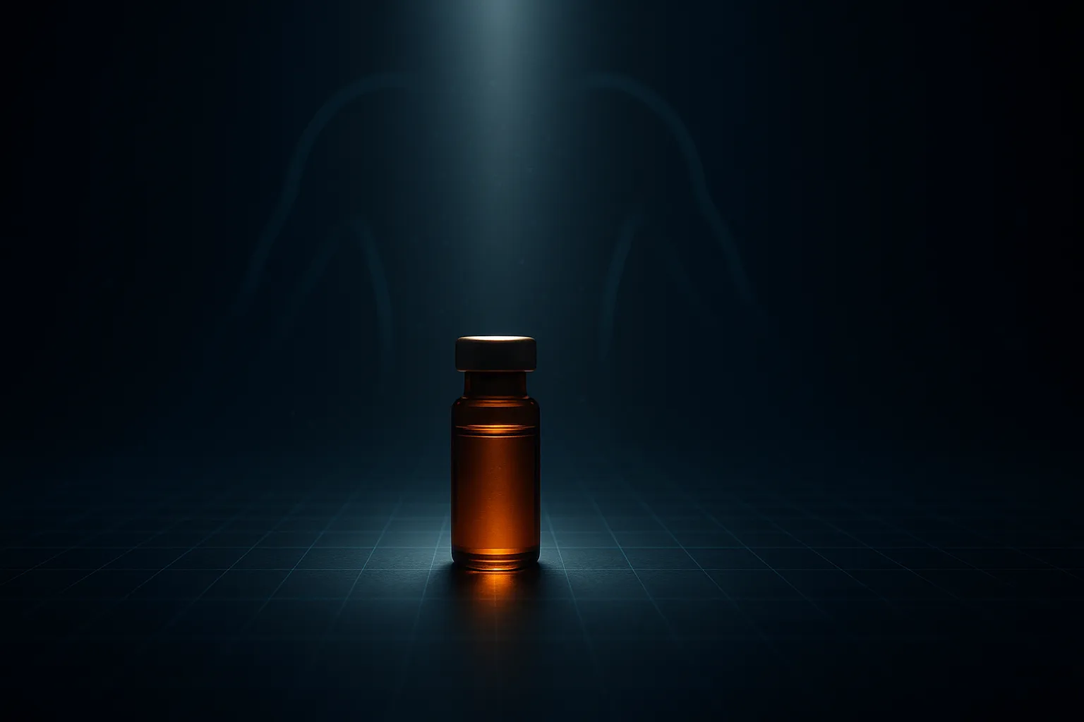A single warm amber vial standing on dark reflective slate beneath a narrow column of pale surgical light, with faint cyan contour lines arcing through the darkness behind it