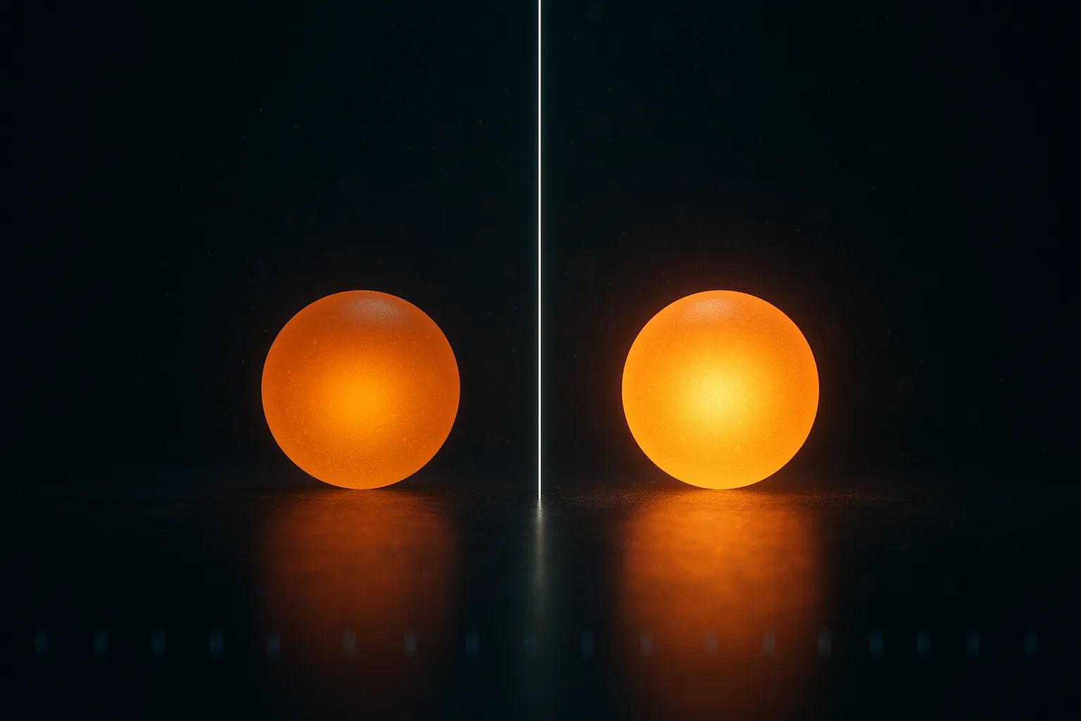 Two identical warm amber spheres divided by a single thin vertical line of pale white light, one marginally brighter than the other, with cyan tick marks receding along the floor