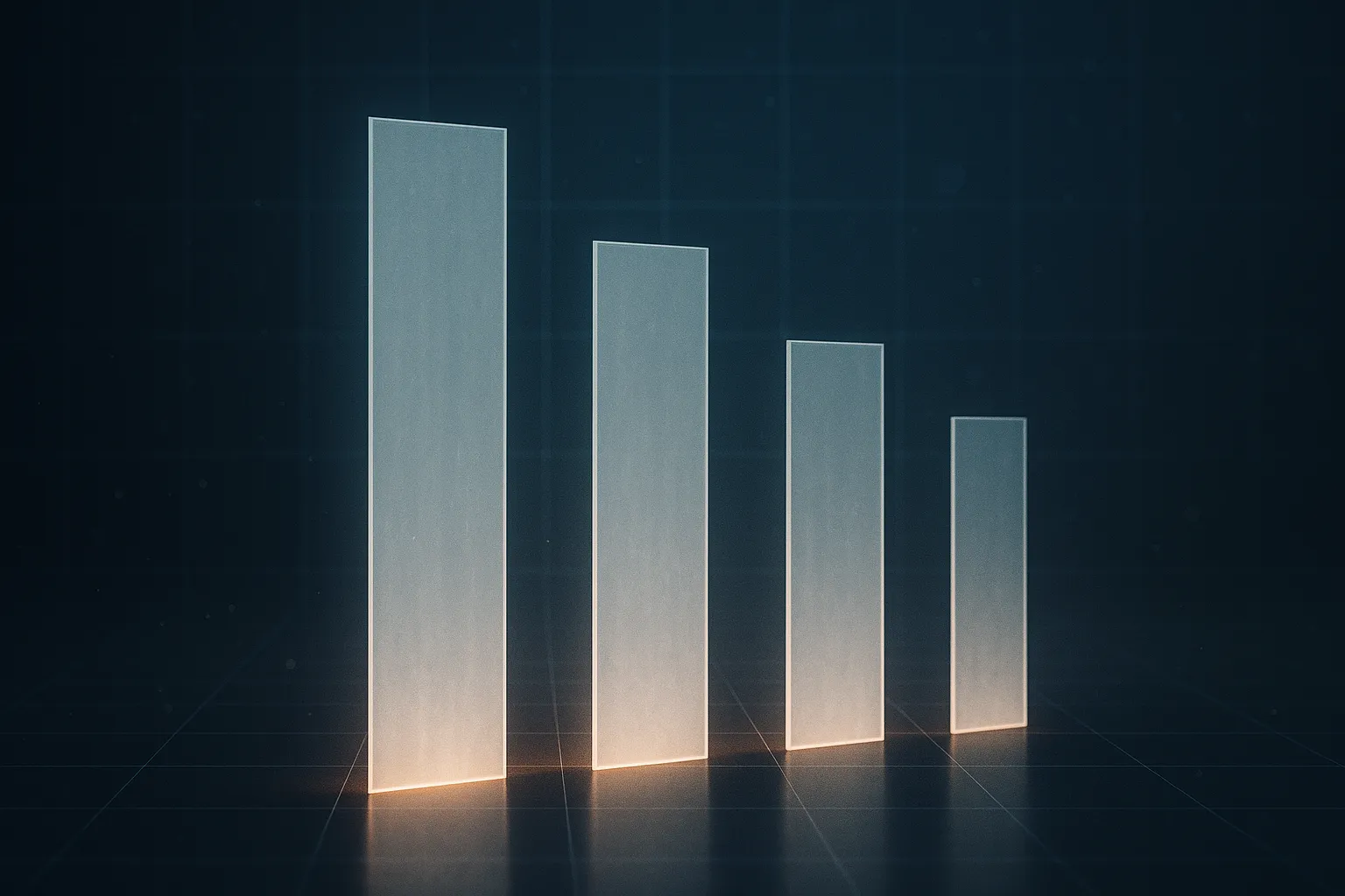 Four tall translucent panels of pale white light standing at different heights on a dark reflective plane, washed at the base with warm amber, cyan grid lines receding behind them