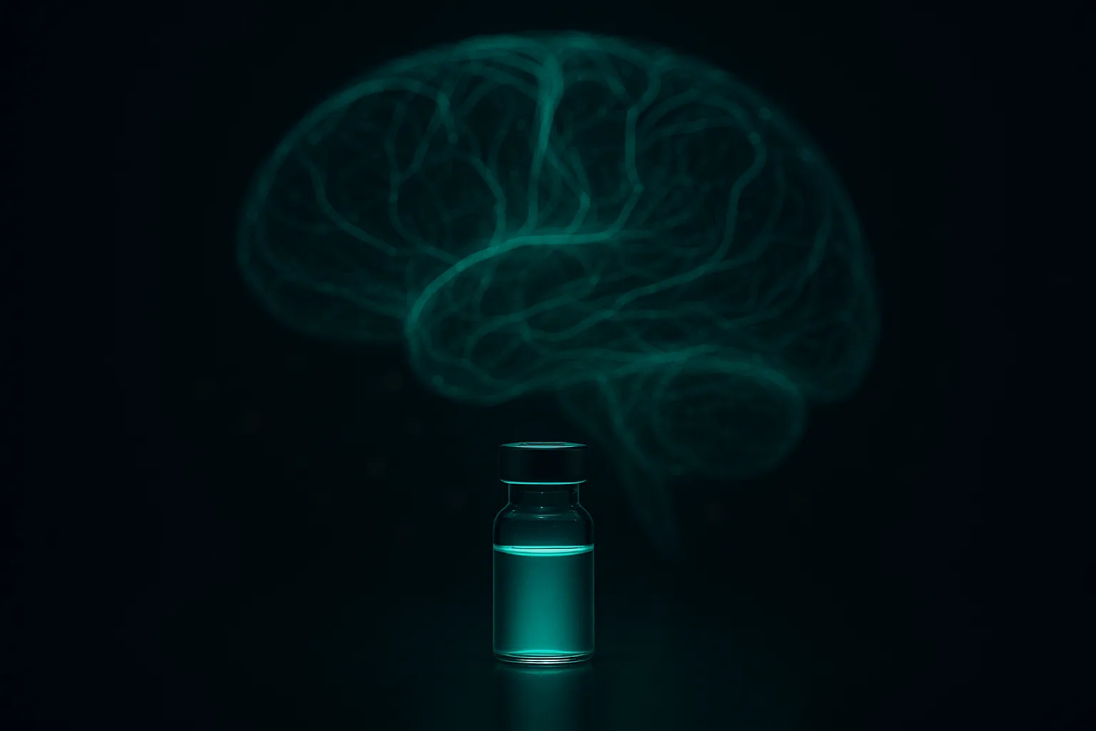 Glowing peptide vial silhouetted against an abstract illuminated brain rendered in teal light on a dark navy background