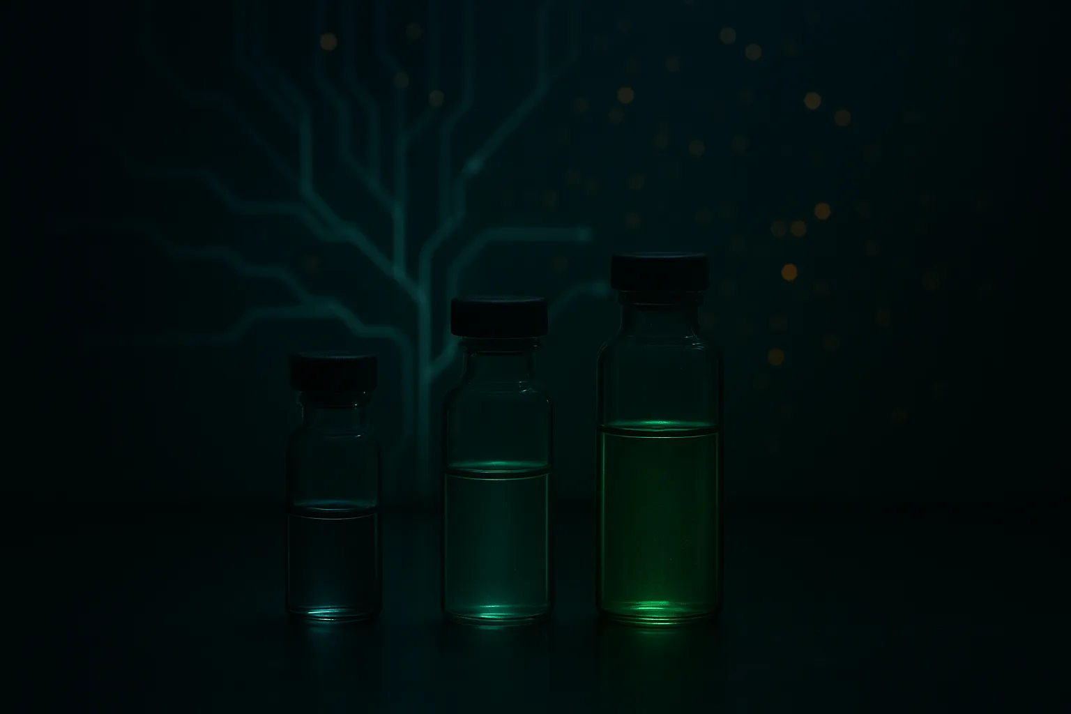 Three backlit glass vials in ascending glow on a dark laboratory bench with a faint brain-circuit light pattern in the background