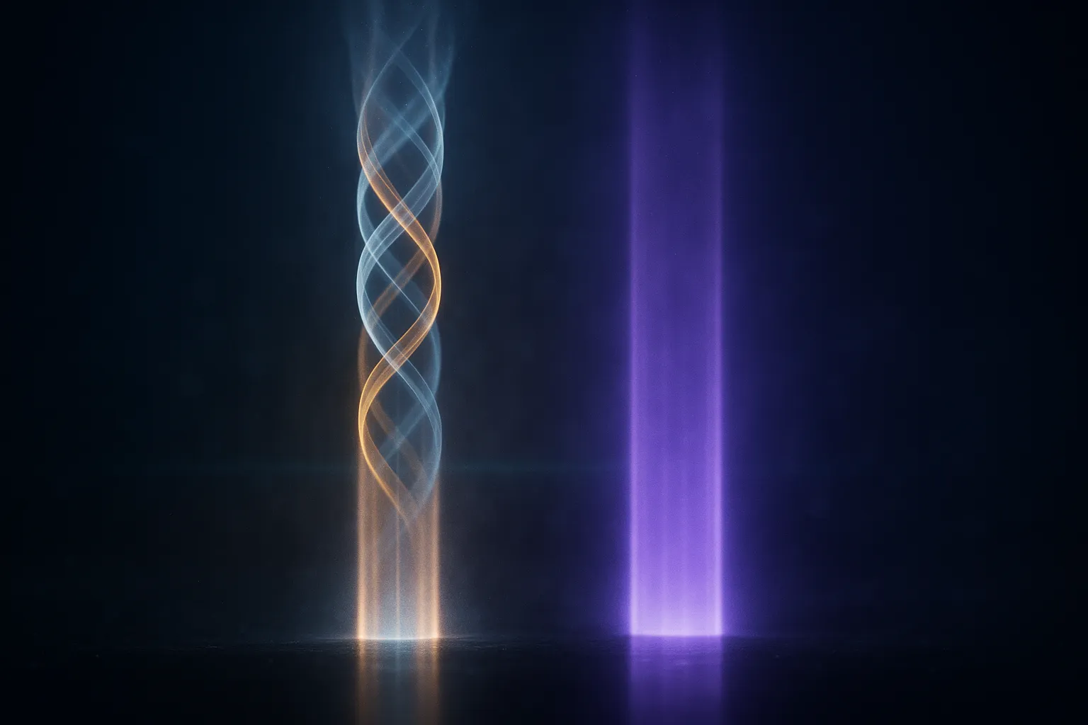 Two tall translucent columns of light rising side by side from a dark reflective floor, the left a braided double helix of pale blue and warm amber rising slightly higher, the right a single broader violet shaft, against a dark navy background