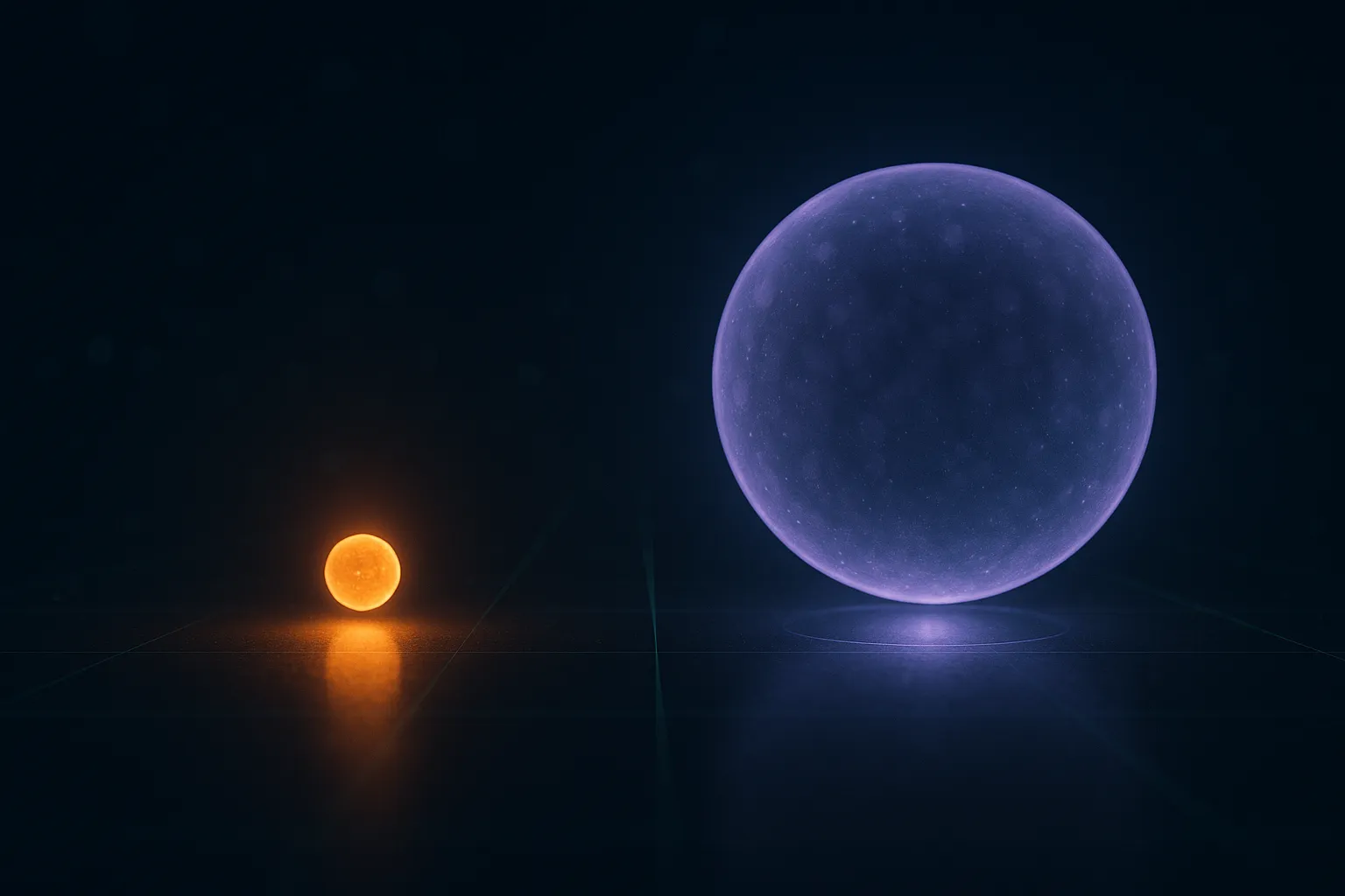 A very small dense sphere of concentrated warm amber light on the left and a much larger loose translucent violet sphere on the right, both casting pools of light of almost identical size onto a dark reflective floor, against a dark navy background