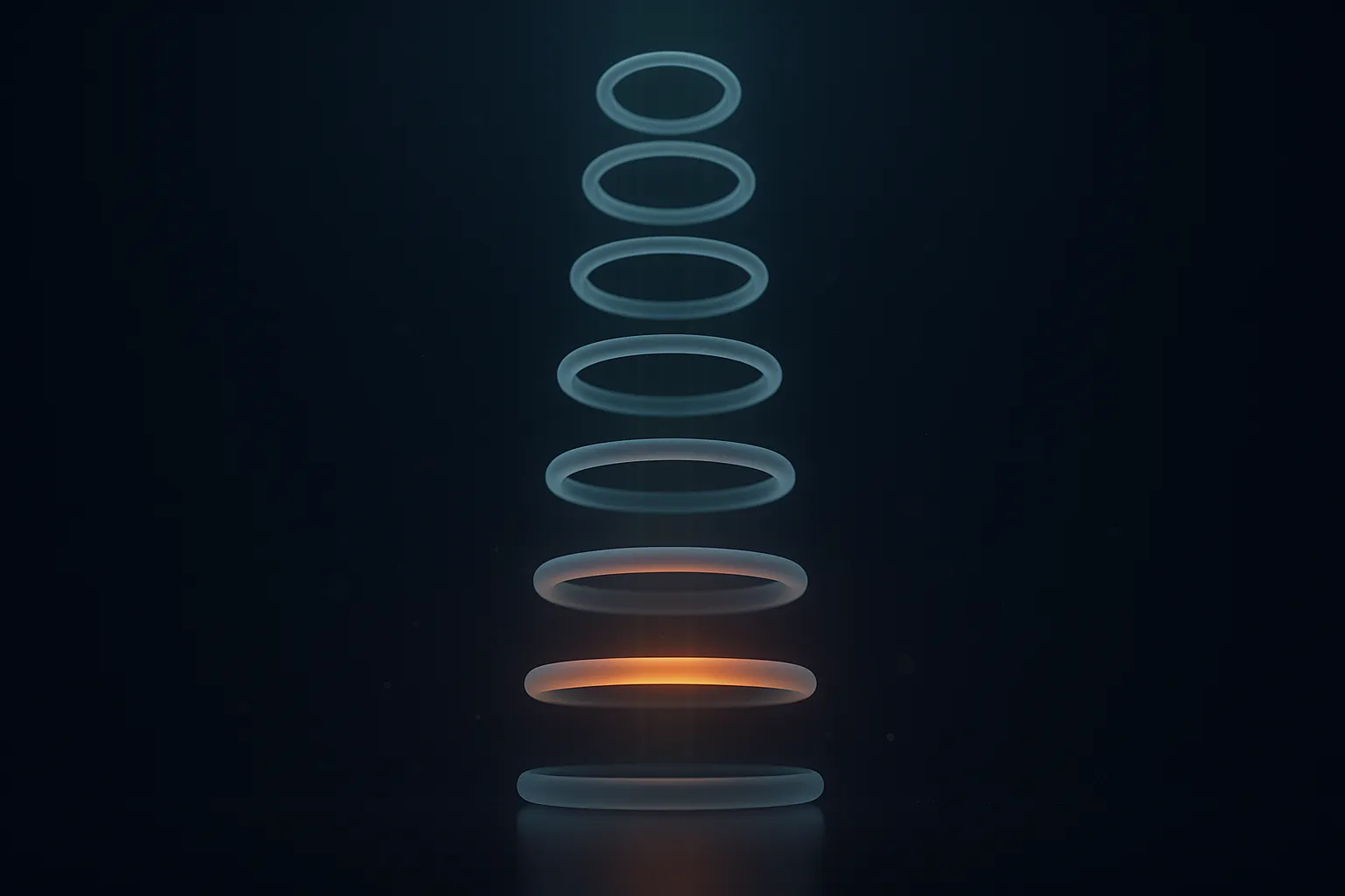 A vertical series of six translucent pale blue rings of increasing diameter ascending from bottom to top, with a single warm amber band wrapping the second ring from the bottom, against a dark navy background