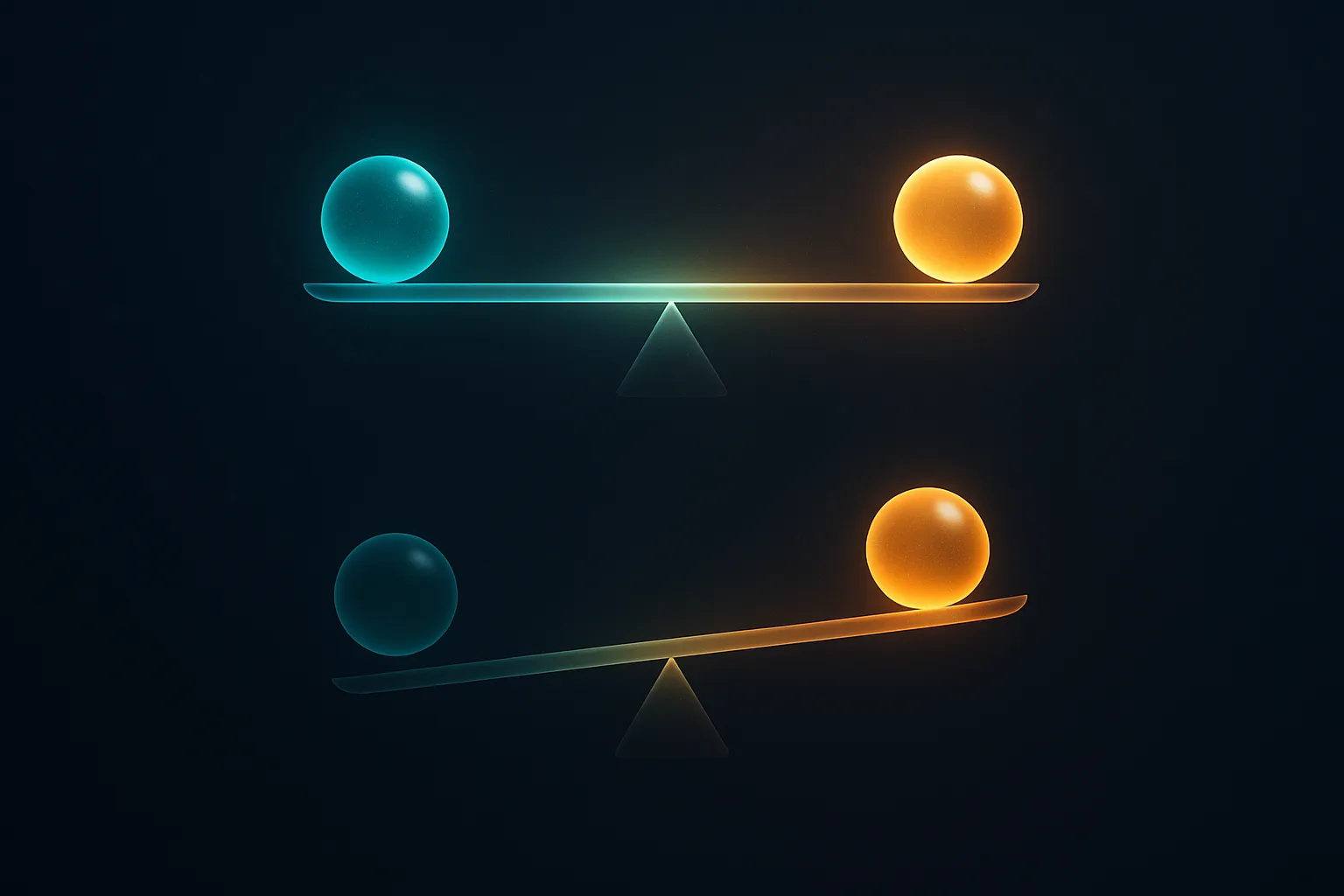 Two luminous balance beams, one level and one tipped toward gold, on dark navy background
