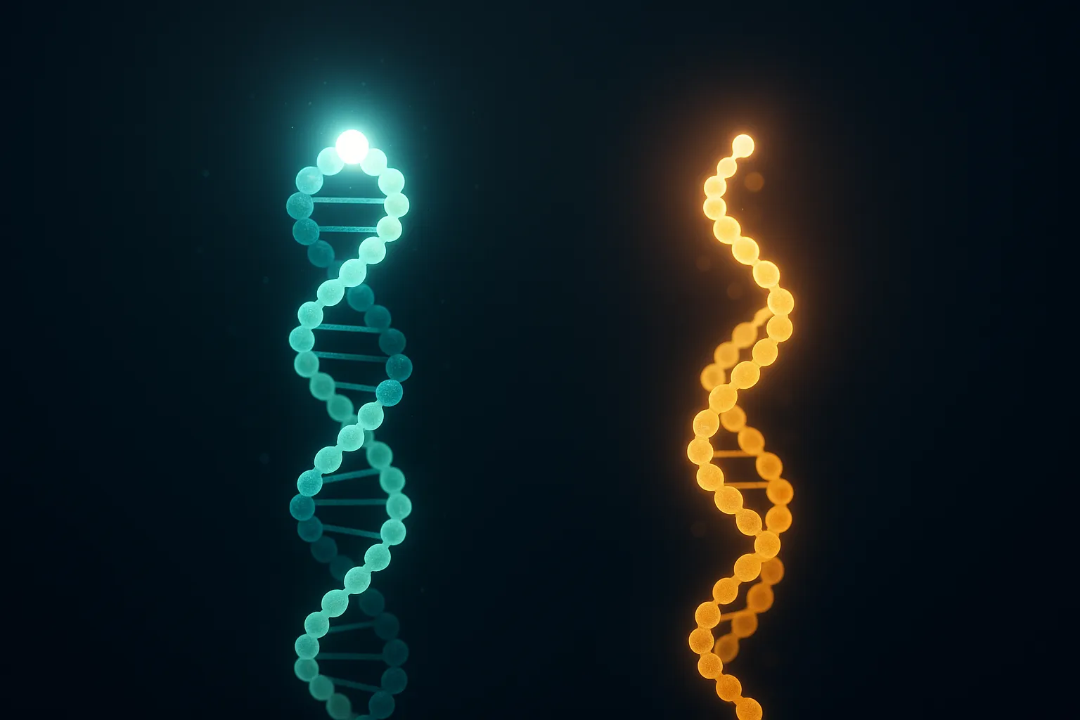 Two intertwined teal molecular helices beside a single thicker gold helix on dark navy background