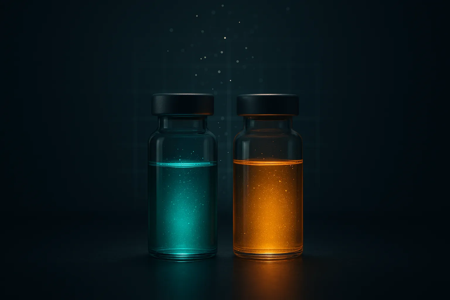 Two glowing vials, one teal and one gold, side by side on a dark reflective surface
