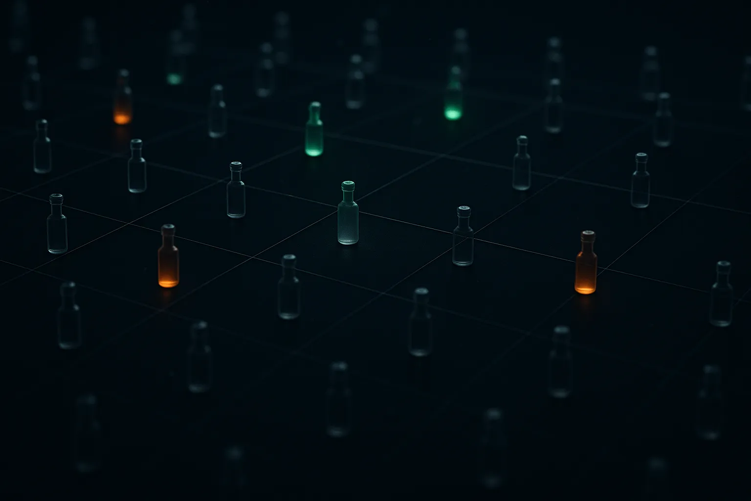 A grid of glass vial-shaped nodes on a dark navy background, most dimmed and grey, a few still glowing emerald and amber, with one central node fading from green to grey