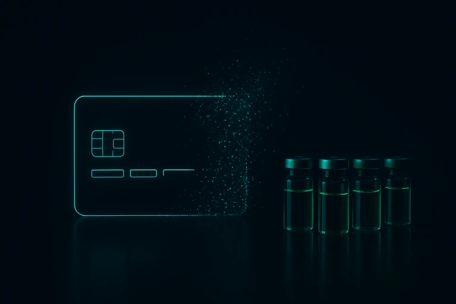 A glowing teal payment card outline dissolving into particles beside a row of emerald-lit glass vials on a dark reflective surface