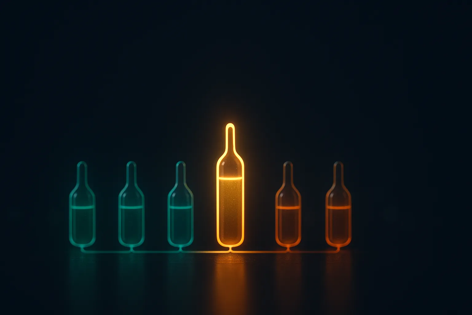 A row of six glowing glass vial-shaped nodes in emerald, teal and amber on a dark reflective surface, one taller and brighter than the rest