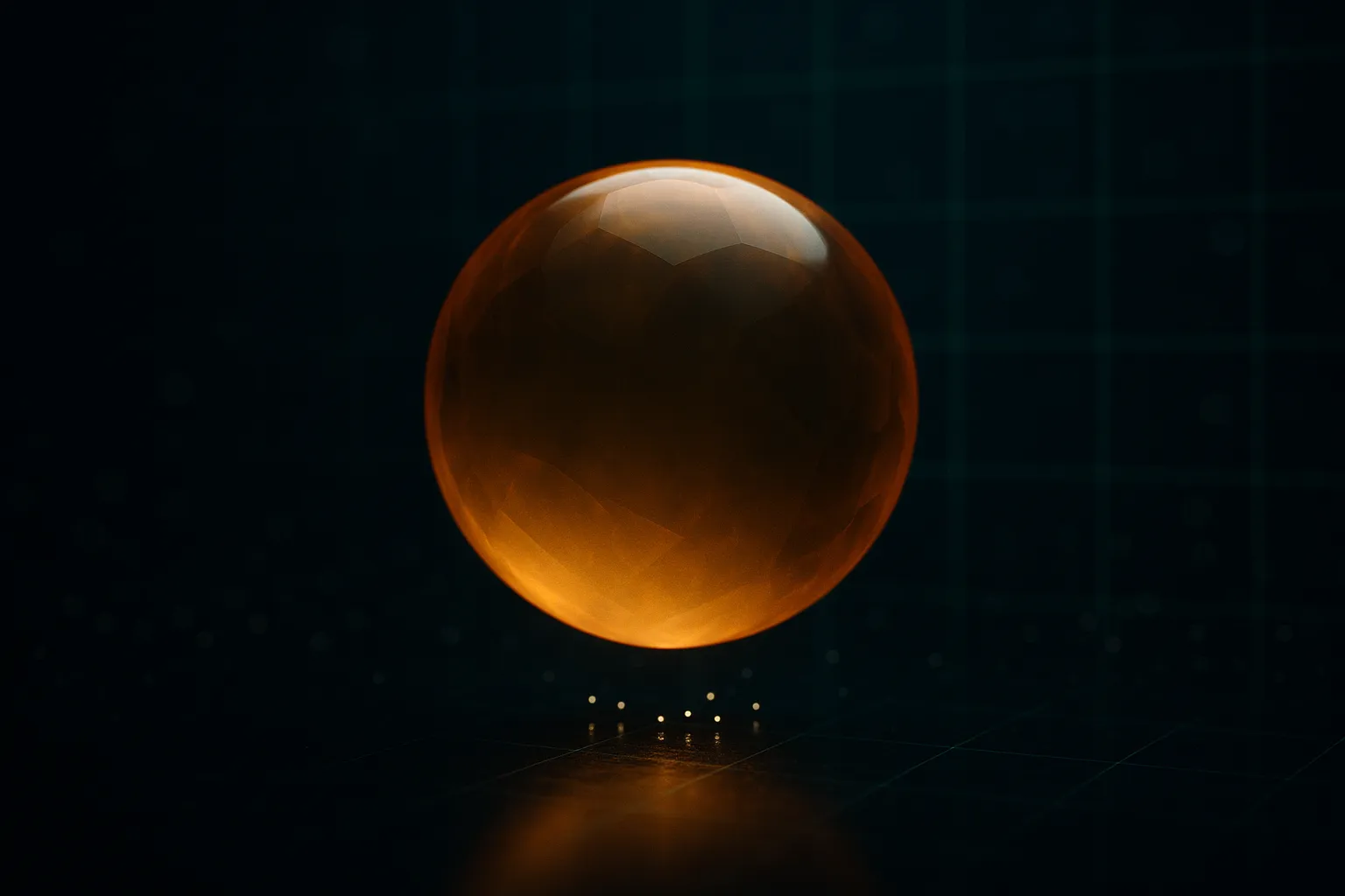 An enormous translucent amber sphere floating above a sparse scatter of small pale points of light that barely touch its underside, against a dark navy background with a faint emerald grid receding into haze