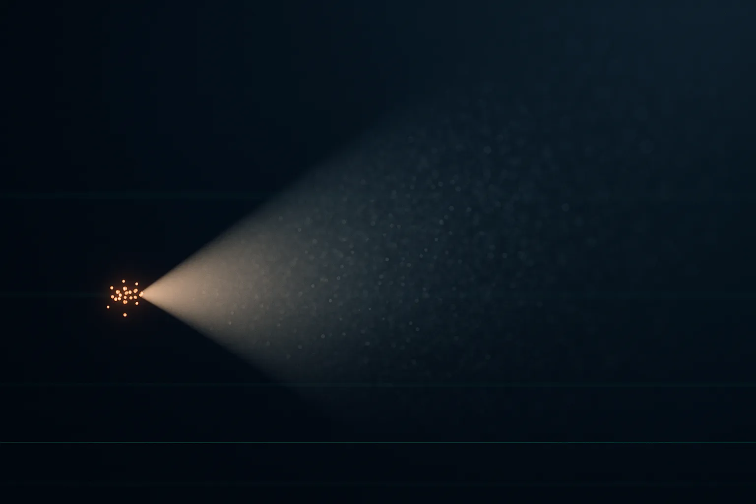 A tiny tight cluster of warm amber dots on the left projecting a widening cone of pale light that dissolves into a vast diffuse haze of faint grey specks on the right, against a dark navy background