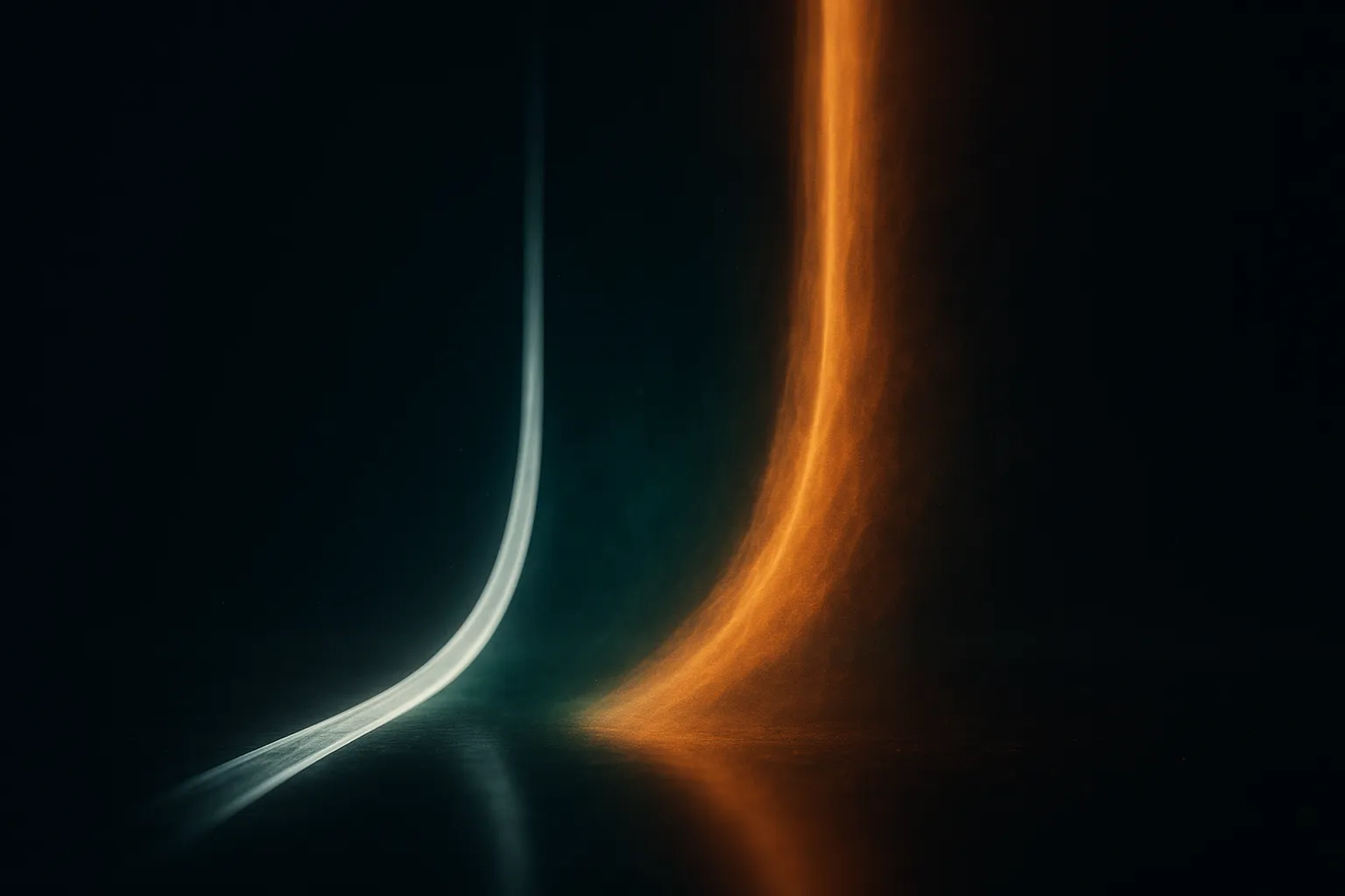 Two parallel translucent channels of flowing light rising through a dark navy frame, the left narrow polished and pale white, the right wider rougher and warm amber, separated by faint emerald haze