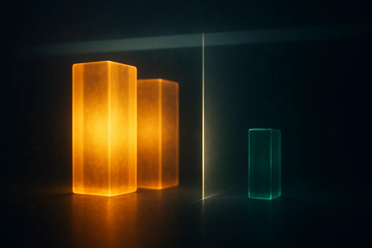 Two enormous translucent gold monoliths of light separated by a thin vertical wall from a single small emerald form, with a horizontal beam passing overhead