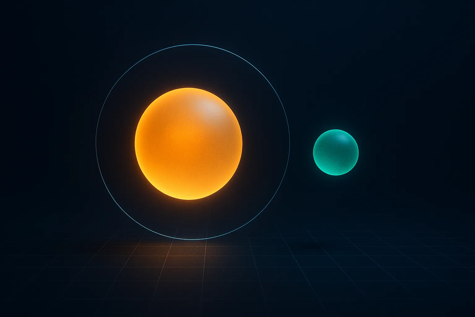 Two glowing translucent spheres floating apart with a clear dark gap between them, thin boundary lines circling only the larger one