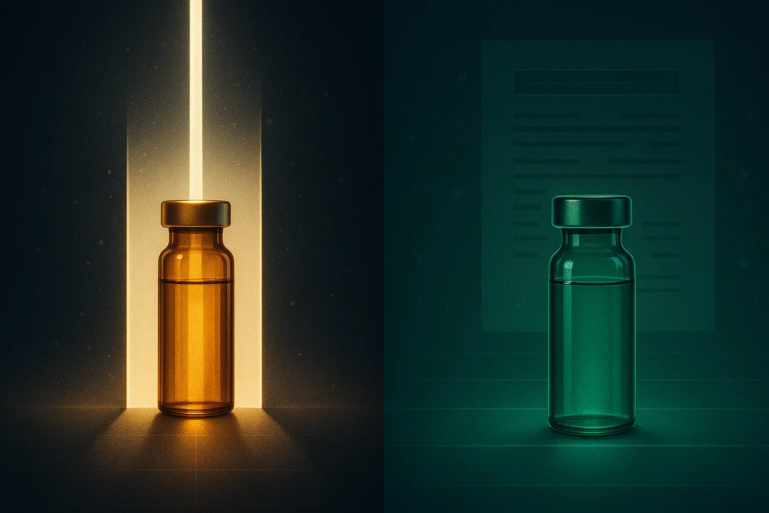 A gold clinical vial behind a closing translucent gate beside an emerald research vial on an open plane with a certificate sheet behind it