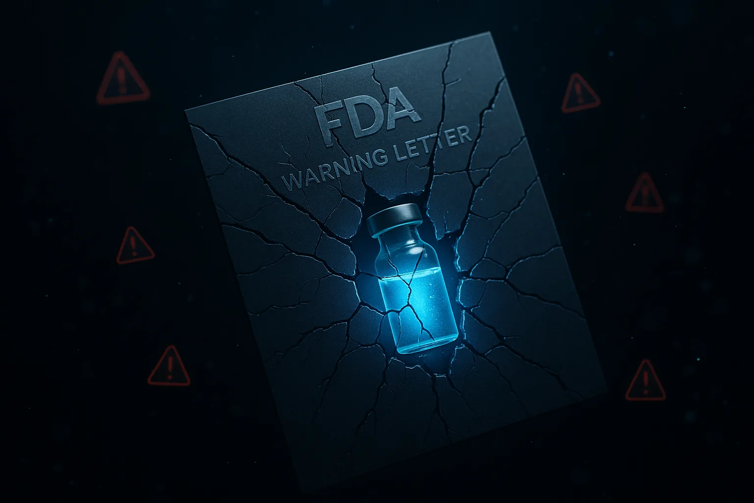 FDA warning letters and GLP-1 peptide vials on dark background