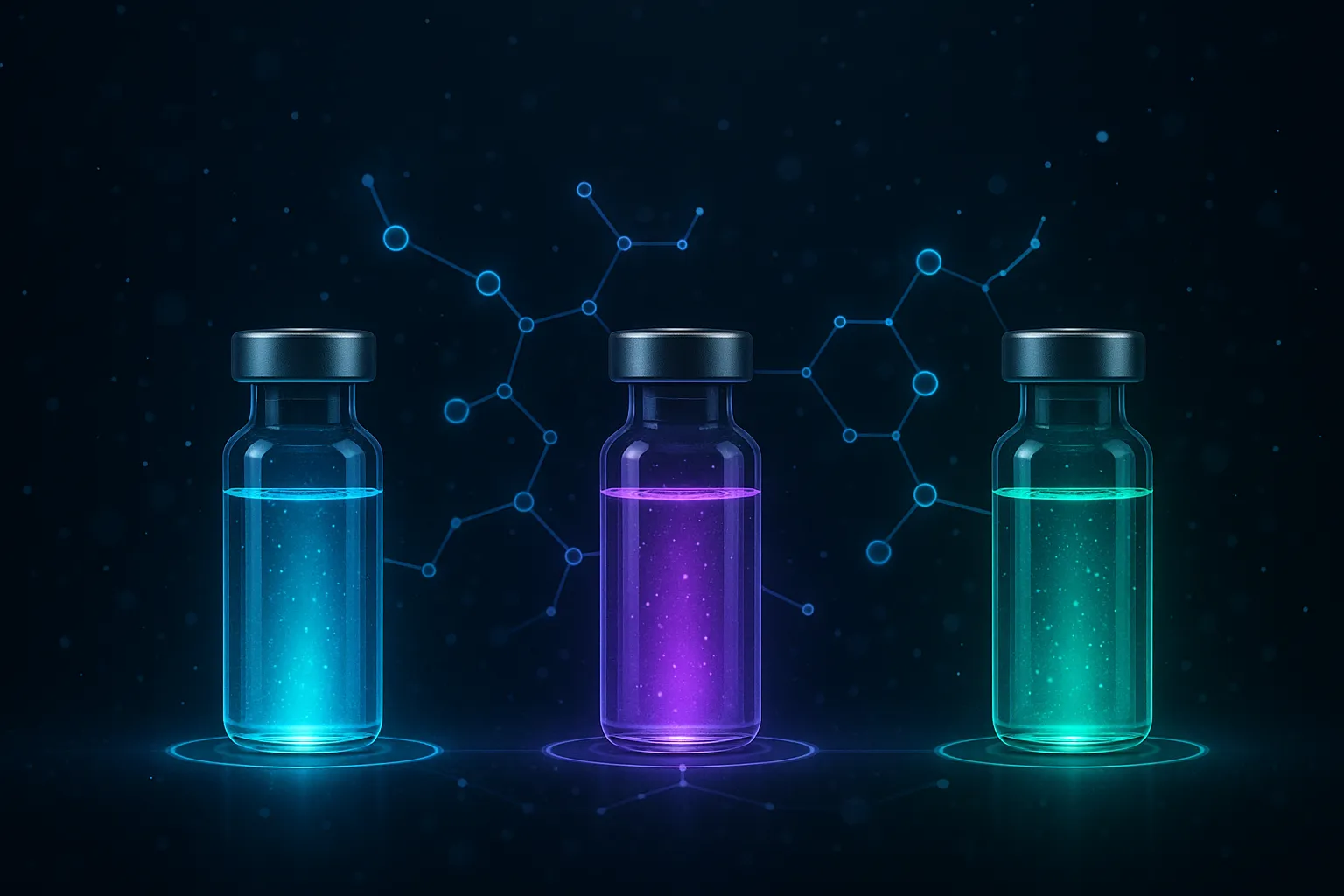 Three GLP-1 peptide vials with molecular pathways