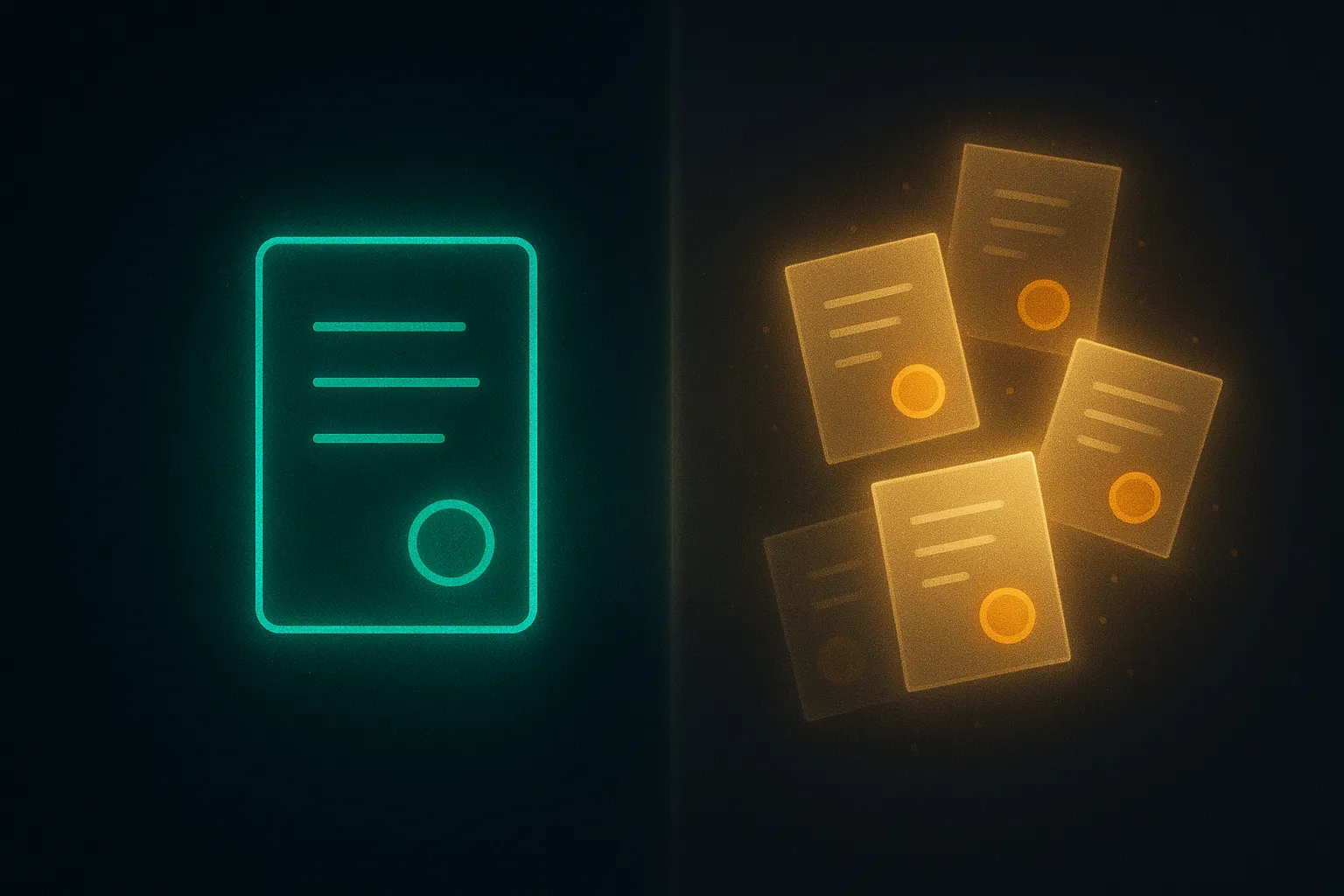 Two glowing forms side by side — an engraved emerald tablet of light suggesting a written rule, and gold seals pressed onto floating sheets suggesting enforcement actions