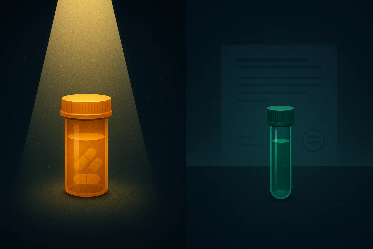 A gold clinical vial inside a narrowing funnel of light beside an emerald research vial standing on an open unobstructed plane