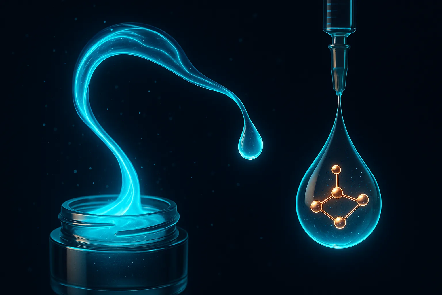 A glowing electric-blue liquid arcing out of an open cosmetic jar and gathering into a luminous droplet at the tip of a glass syringe, a copper tripeptide lattice visible inside the droplet, on a dark navy field