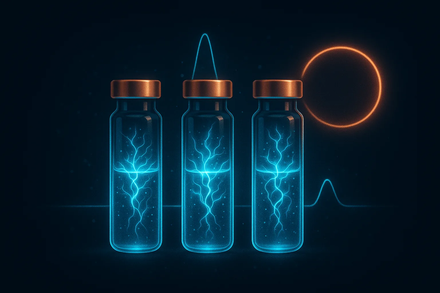Three glowing vials with internal electric-blue copper-peptide light, a cyan spectral readout curve rising behind them, and a soft copper circular seal of light to one side